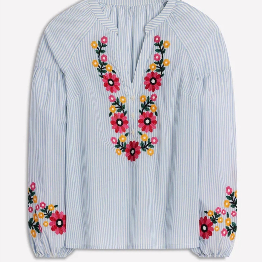 Boden Blue Striped Blouse with Floral Embroidery
